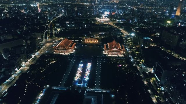 Aerial shot of  Chiang Kai Shek (CKS) memorial hall at night, Taiwan