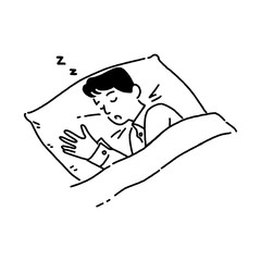 Young man sleep at night in bed, good sleep concept, hand-drawn style vector illustration.