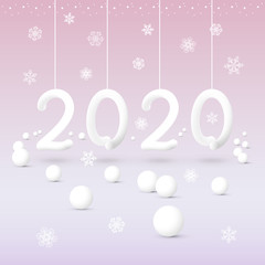 New Year 2020 abstract white numbers hanging on ribbons with snowflakes