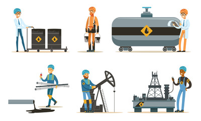 Oil workers in a bathrobe and uniform. Set of vector illustrations.