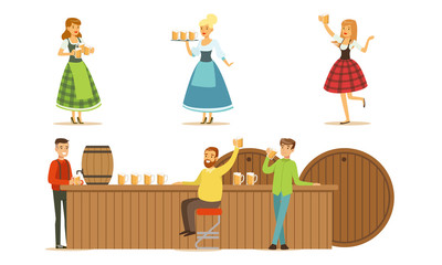 Men drink beer at the bar. Set of vector illustrations.