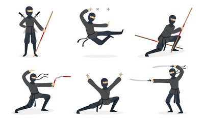 Ninja in black clothes. Set of vector illustrations.