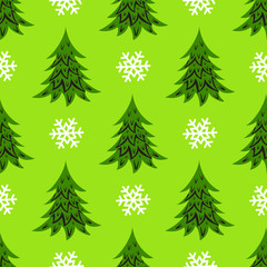 Vector seamless pattern with christmas trees and snowflakes; winter design for greeting card, gift box, wallpaper, wrapping paper, fabric, web design.