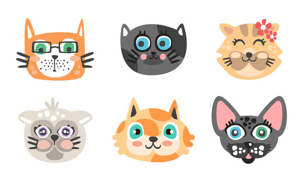 Cute Cartoon Cats Muzzle Vector Set. Animal Heads Collection