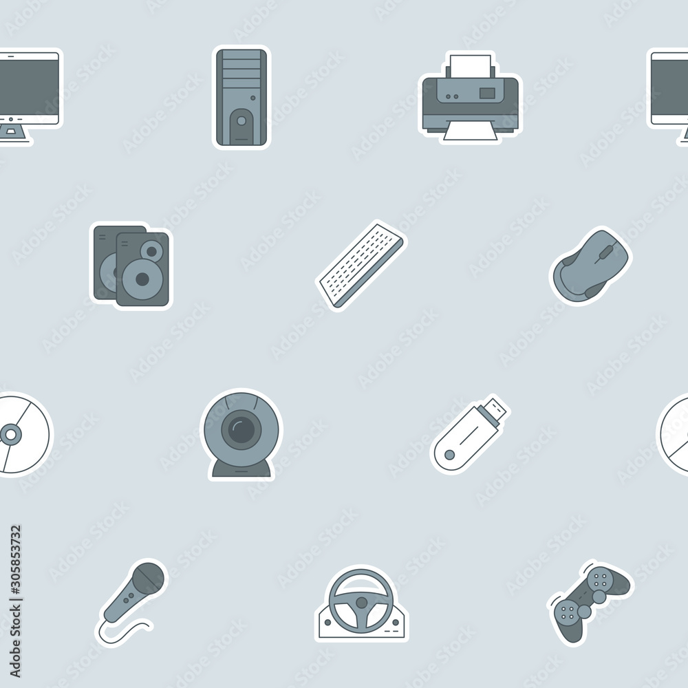 Fototapete Electronic devices background - Vector color seamless pattern of technique and computer for graphic design