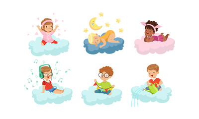 Obraz na płótnie Canvas Smiling Kids Sitting on Clouds and Doing Different Things Vector Illustrations Set