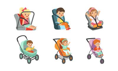 Baby Carriages with Kids Sitting Inside Vector Set
