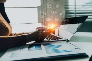 Double exposure. Business documents  at the office desk. Global Strategy Virtual Icon.Innovation Graphs Interfaces. Workplace strategy concept.