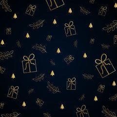 Christmas golden gift box pine tree and leaf pattern on dark blue gradient background