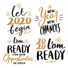 Happy New Year 2020 quote text collection vector design with modern hand lettering calligraphy typography and fireworks illustration