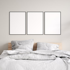 Mock-up poster frame in bedroom, Scandinavian style, 3d render	