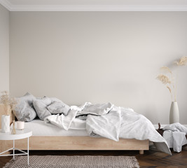 Fototapeta na wymiar Scandinavian bedroom, wall mockup, 3d render
