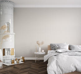 Scandinavian bedroom, wall mockup, 3d render