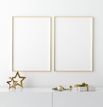 Mockup golden frame with Christmas decor on cupboard close up, 3d render