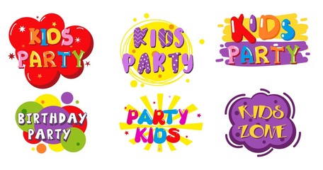 Birthday party kids zone label banner set, vector isolated illustration