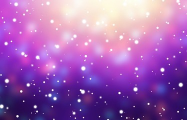 Snowfall on vibrant purple empty background. Golden shine. Wonderful winter blurred texture. Xmas magic illustration. Snow in front of garland lights. Glare confetti. Festive mystery backdrop.