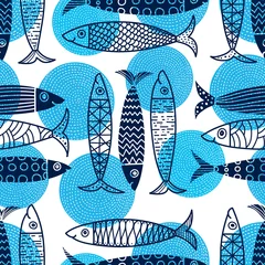 Gordijnen Leuke vis. Kinderen lijn achtergrond. Naadloze patroon. Kan worden gebruikt in de textielindustrie, papier, achtergrond, scrapbooking. © vyazovskaya