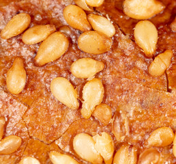Sesame seeds on a brown crust of bread