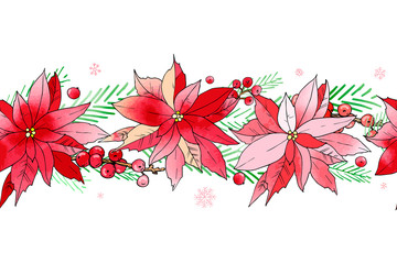 Christmas seamless brush from poinsettia flowers with fir and red berries. Vector set. For printed materials, prints, posters, cards, logo. Holiday background. Hand drawn decorative elements. 