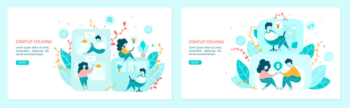 Startup coliving vector landing page templates set