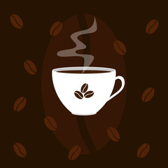 A Cup of coffee with a spreading aroma on a dark brown background.