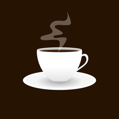 White Cup with white saucer on brown background. In a Cup of poured tea or coffee and steam rises. Vector illustration.