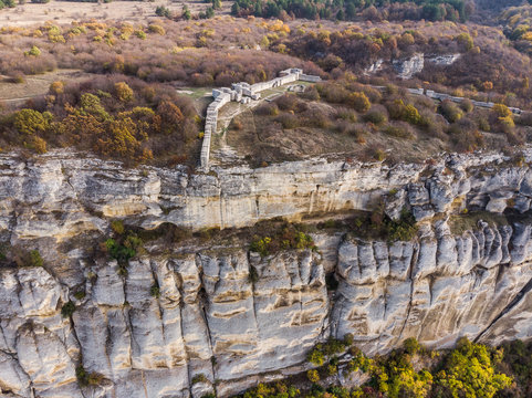 Panorama aerial drone view of history castle near Madara village, Bulgaria.