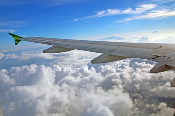 wing of airplane flying above clouds