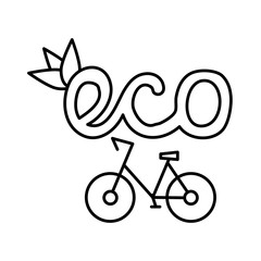 Eco bike. Lettering with a bicycle. Concept of environmentally friendly urban public electric and pedal transport. Editable outline stroke linear icon. Thin vector black contour