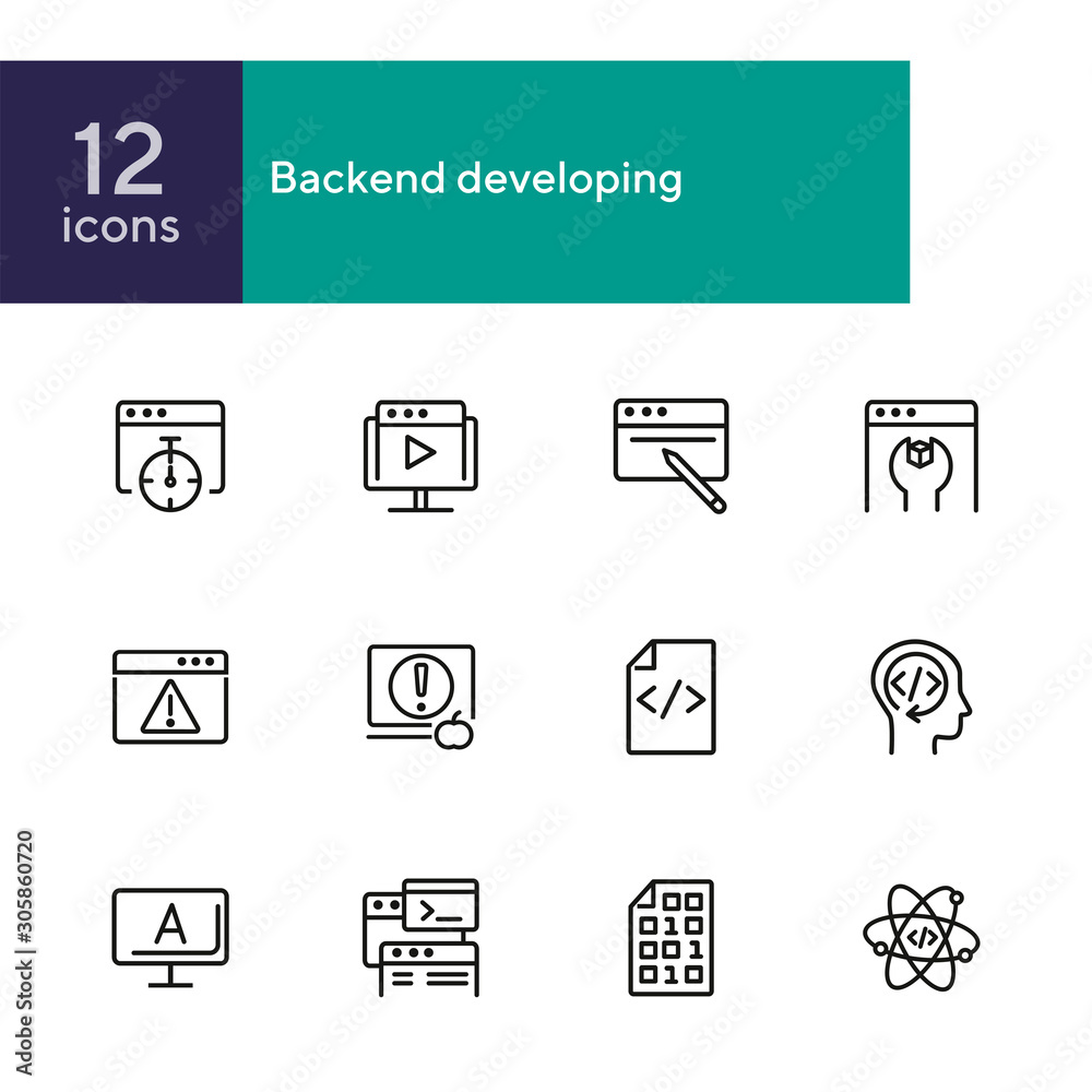 Poster backend developing line icon set. set of line icons on white background. technology concept. program
