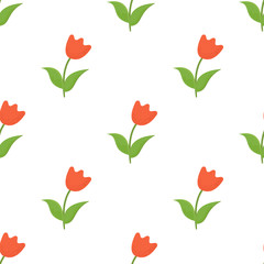 Red tulips on a white background. Vector cute floral seamless pattern.