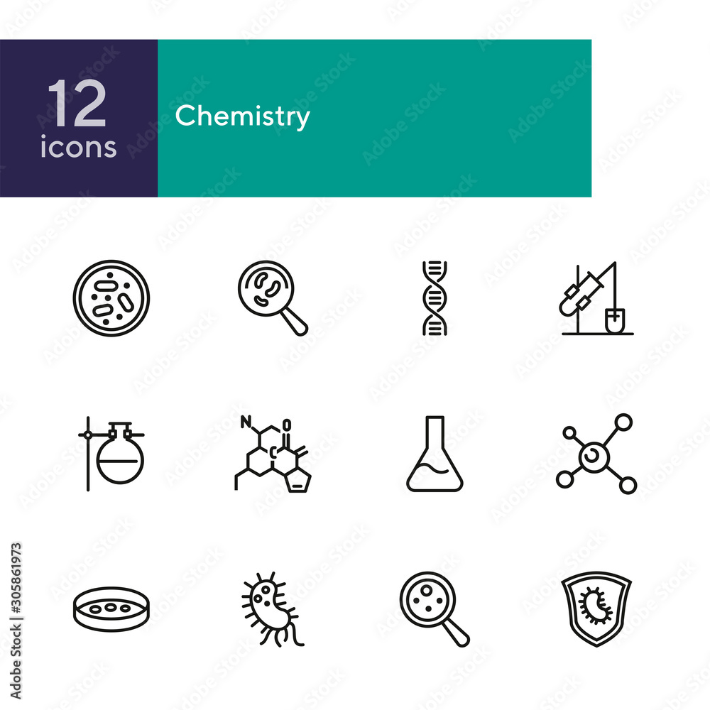 Poster Chemistry line icon set. Set of line icons on white background. Science concept. Bacteria, formula, equipment. Vector illustration can be used for topics like laboratory, investigation, experiment