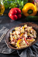 Fusilli pasta salad with smoked turkey