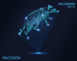 Hologram raccoon. Holographic projection raccoon. Flickering energy flux of particles. Scientific design animals.