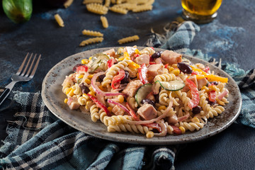 Fusilli pasta salad with smoked turkey