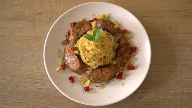 Stir-Fried Spaghetti with Sai Aua (Notrhern Thai Spicy Sausage)