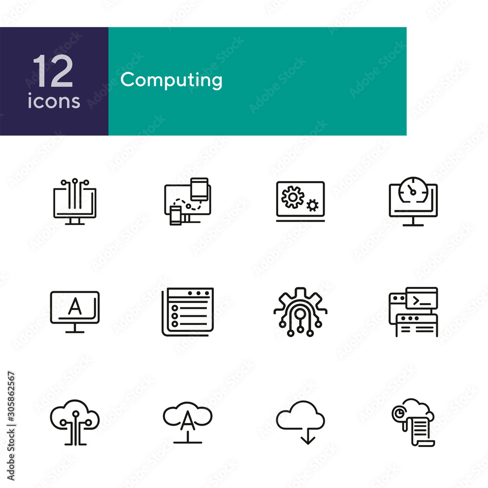 Poster computing line icon set. cloud print, monitor, coding. information technology concept. can be used f