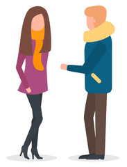 People wearing warm clothes talking vector. Isolated characters in flat style discussing events. Man and woman couple or friends spending time outdoors. Lady in jacket with knitted scarf illustration