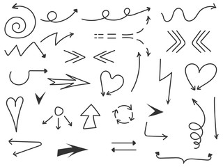 Isolated vector hand drawn simple arrows set on a white background. Pencil and pan sketch abstract doodle symbols. Vector illustration graphic elements.