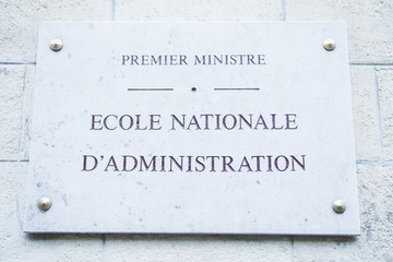 Premier miniatre, Ecole Nationale d'Administration (ENA, 6ème (6th, XIV) arrondissement, Paris, France, June 2019. French street sign of this prestigious school. - obrazy, fototapety, plakaty