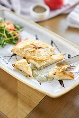 Woman eats Latin American fried empanadas with Vegetable salad with arugula. Decorated with balsamic sauce. Menu restaurant