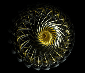 3d render of abstract art with turbine aircraft engine based on two fans one in gold material another one in black matte metal, on black background