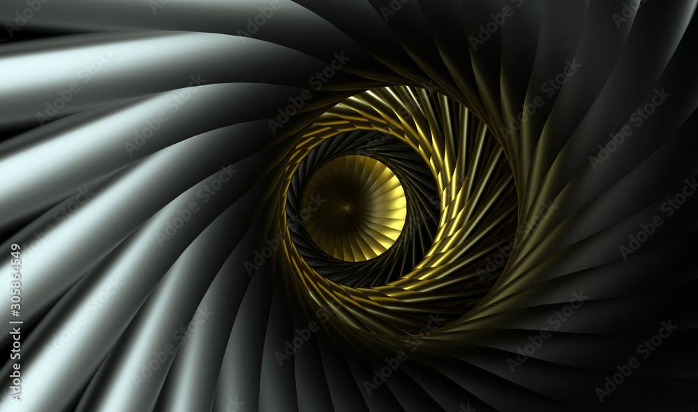 Wall mural 3d render of abstract tunnel inside aircraft turbine engine in gold and black metal materials