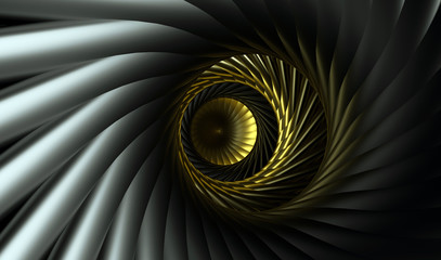 3d render of abstract tunnel inside aircraft turbine engine in gold and black metal materials - obrazy, fototapety, plakaty