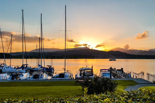 Sunset View In The Harbor At The Low Wood Bay Resort & Spa. Popular Hotel In The Lake District, Cumbria.