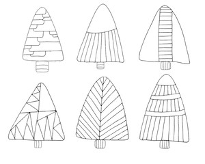 Set of Christmas trees drawn by hand. For coloring, cover design, fabric, things, textiles, decoupage, poster