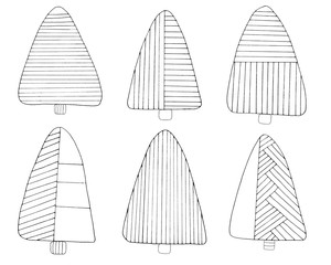 Set of Christmas trees drawn by hand. For coloring, cover design, fabric, things, textiles, decoupage, poster