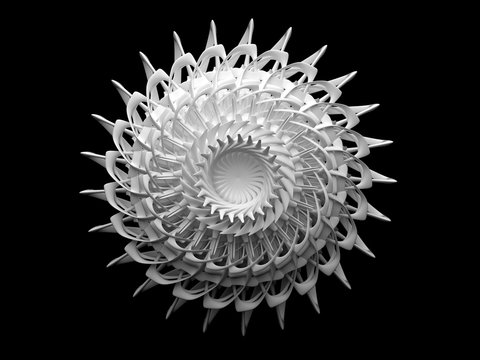 3d render of abstract 3d white matte ceramic kaleidoscope flower on black background