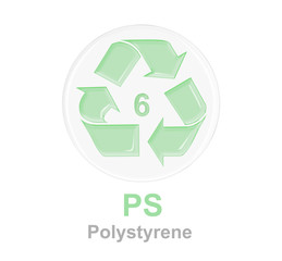 plastic recycle symbol with green glossy glass on transparent round glass. plastic recycle number 6 for PS