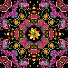 Decorative floral and paisley ornament. Bright colorful seamless pattern. Bandana print.